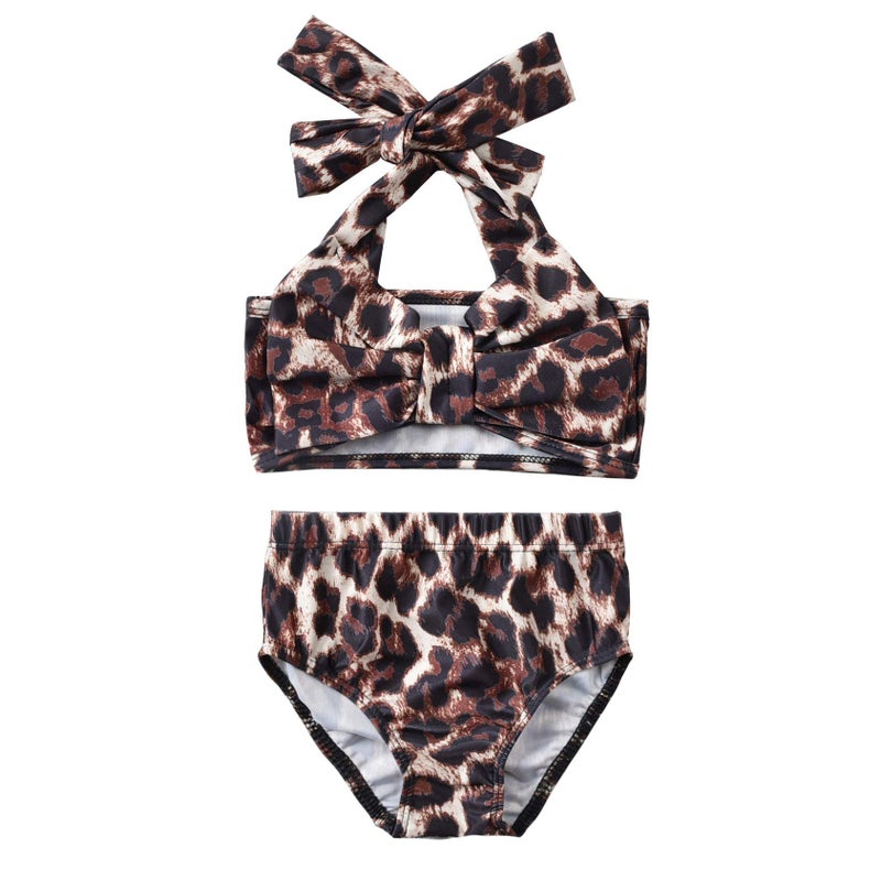 Aalizzwell Baby Girl Bathing Suit, Toddler Girls Two Piece Swimsuit Halter Top Bikini Cheetah Leopard Swimming Suit (Leopard, 6-12 Months) - Image 1